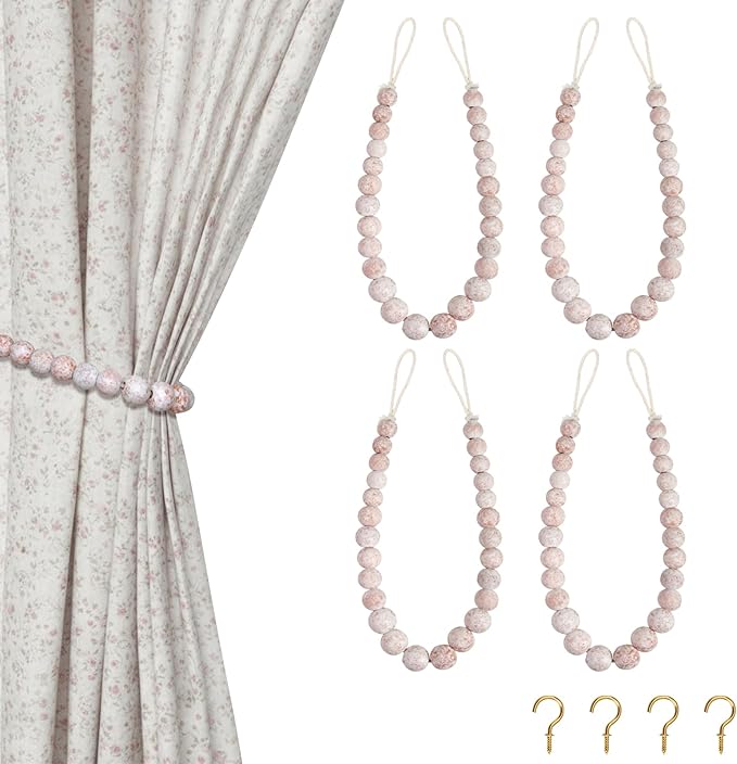 Hion 4 Pcs Boho Curtain Tiebacks, Wood Beads Curtain Holdbacks, Outdoor by Hion