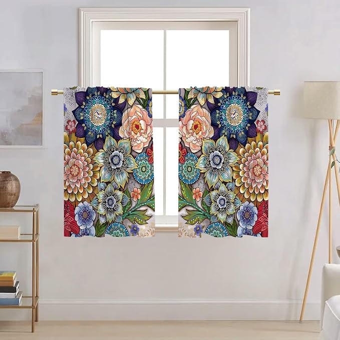Boho Flower Kitchen Curtains Colorful Oil Painting Flowers Design by BrilliStar