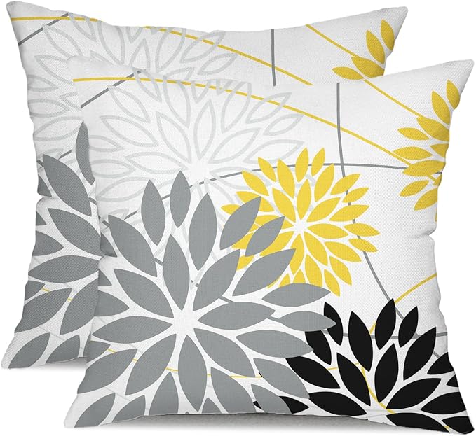 Grey and Yellow black Floral Pillow Covers 16x16 Set of 2 Outdoor Waterproof by DFXSZ