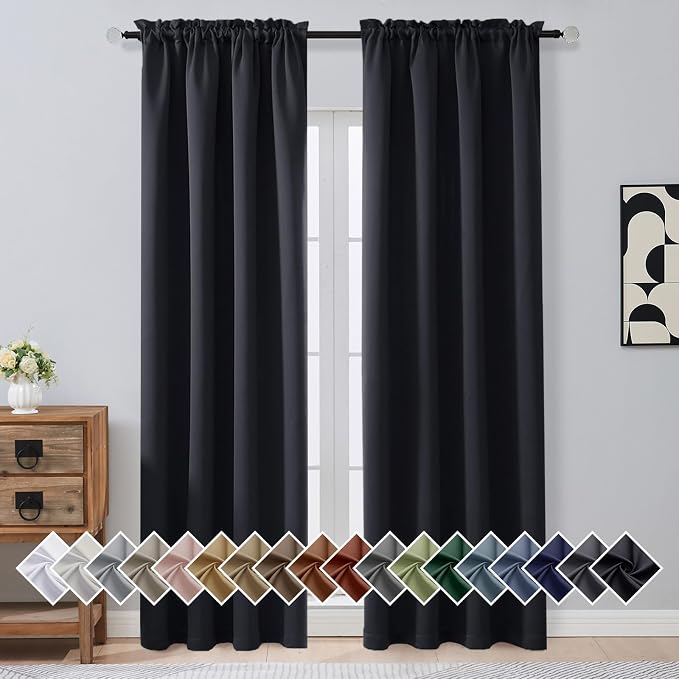 OVZME Black Blackout Curtains for Bedroom 90 Inches Long 2 Panels, Thermal by OVZME