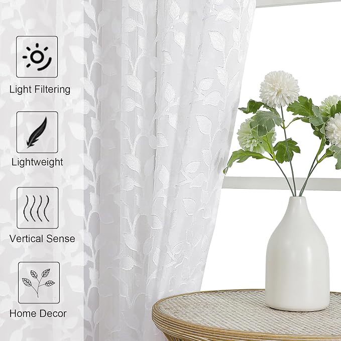Chyhomenyc White Sheer Curtains 36 Inch Length, Light Filtering Leaf Tufted - Image 3