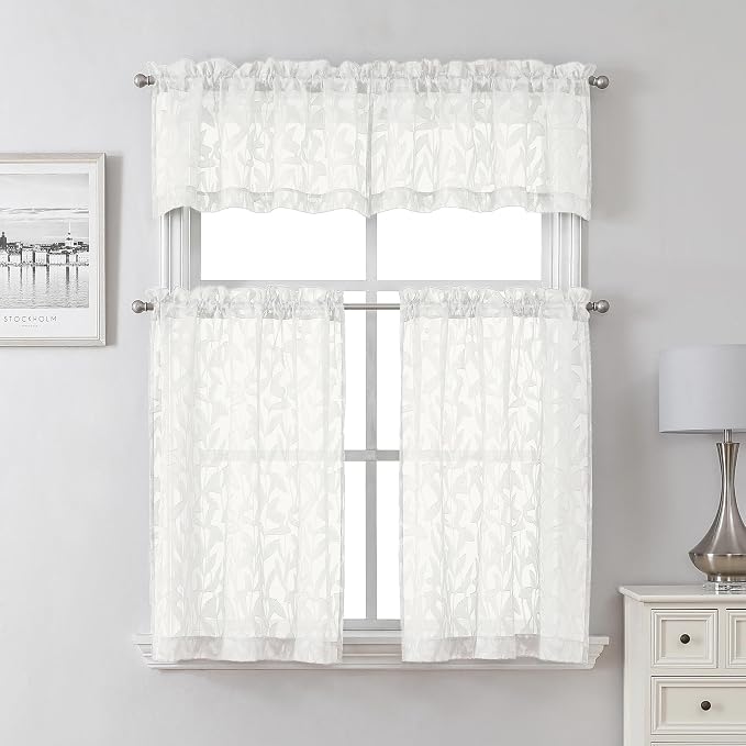 Lecloud Leia Ivory Sheer Curtains 30 Inch Length 2 Pcs, Jacquard Leaf Textured - Image 8