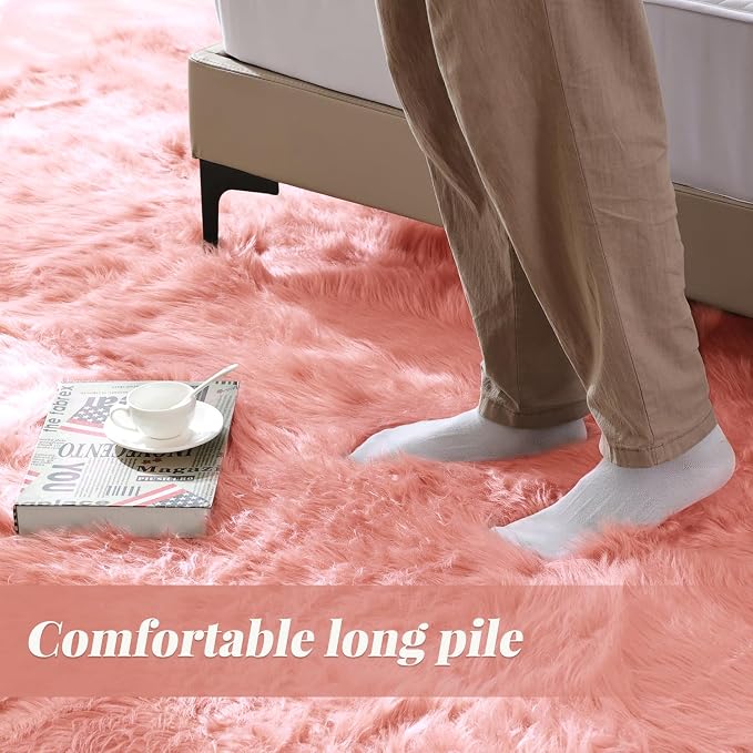 ORINOVA Pink Plush Round Rugs 6ft Large Washable Faux Fur Area Rugs - Image 4