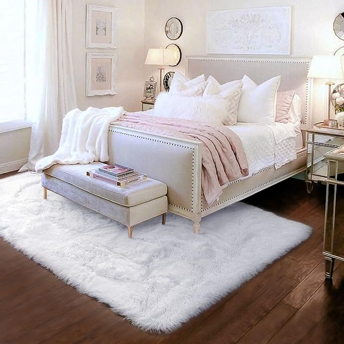 Amdrebio White Area Rugs for Bedroom, Shag Fluffy Rug for Living Room, Modern - Image 4
