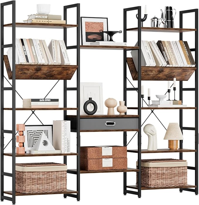 NUMENN Bookcases and Bookshelves Triple Wide 5 Tier Bookshelf, Large Etagere - Image 3