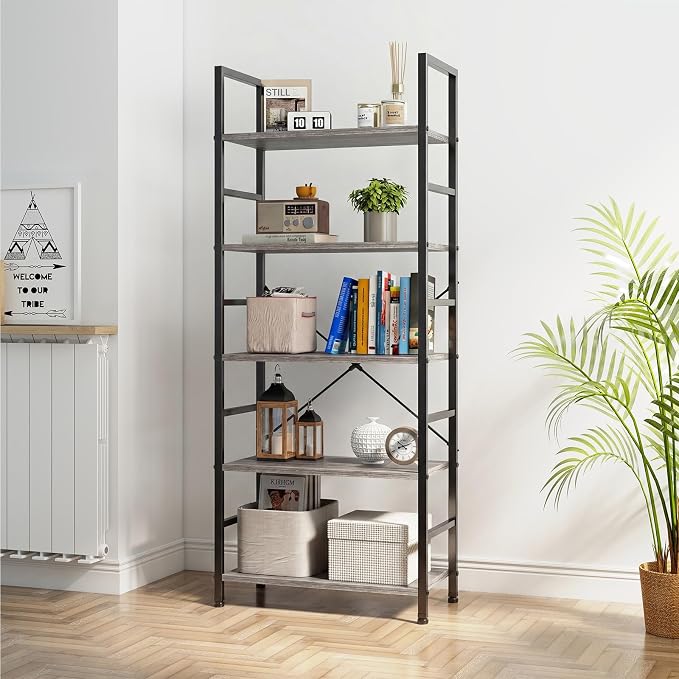 DUMOS 5 Tiers Bookshelf, Classical Book Shelf, Tall Display Shelves in Living - Image 7