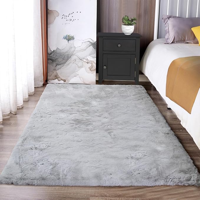 Latepis Fluffy Machine Washable Rug Grey Area Rugs 3X5 Soft Faux Rabbit Fur Rug by Latepis