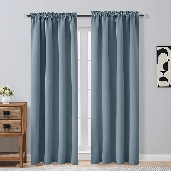 OVZME Stone Blue Blackout Curtains 84 Inches Long 2 Panels, Solid Thermal by OVZME