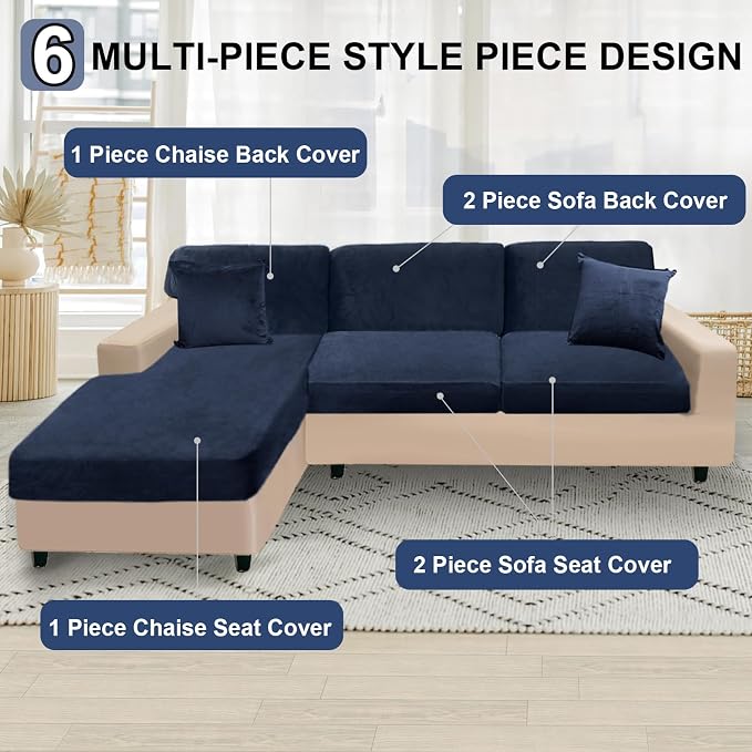 NAISI Sectional Couch Covers 6 Pieces Velvet Couch Cushion Covers L Shape Soft - Image 5