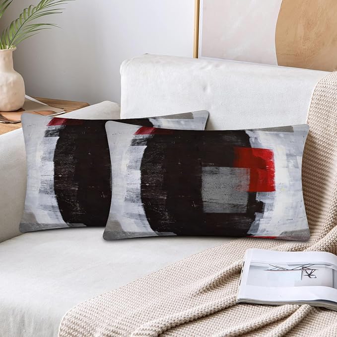Red and Grey Abstract Art Pillow Cover, Modern Black White Decorative Throw - Image 2