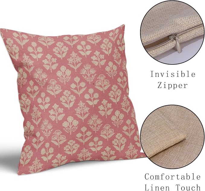 Pink Floral Block Print Pillow Covers 18x18 Inch Set of 2, Vintage Flower - Image 4
