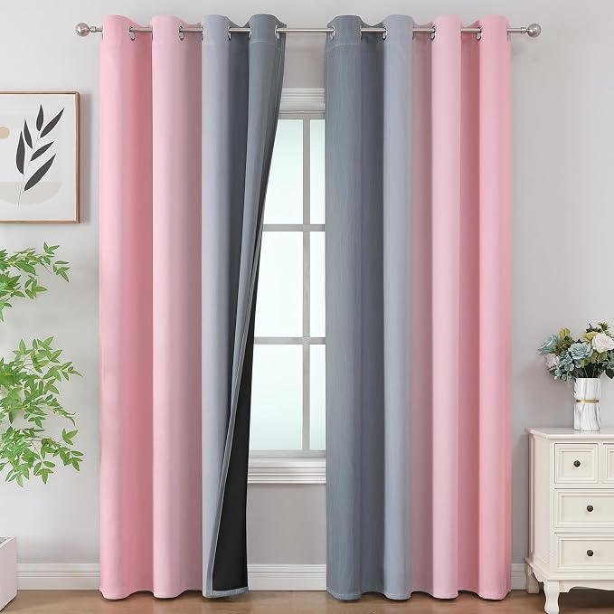 Pink and Grey Blackout Curtains 84 inch Length, Ombre Full Room Darkening by ESTELARTEXTILER