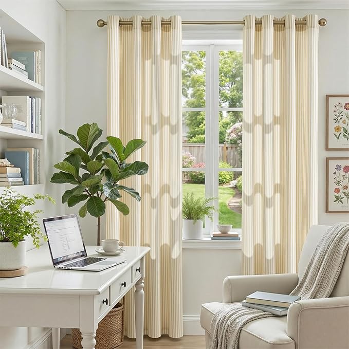jinchan Linen Curtains for Living Room Yellow Vertical Striped on White - Image 4