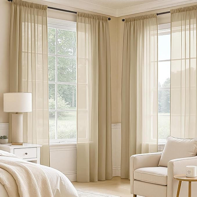 MIULEE Beige Sheer Curtains 102 Inches Long, 4 Panels Set, Light Filtering Rod - Image 2