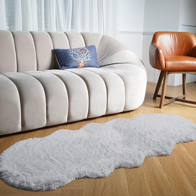 Latepis Grey Rugs for Bedroom 2x6 Furry Runner Rugs Faux Fur Washable Fluffy - Image 2