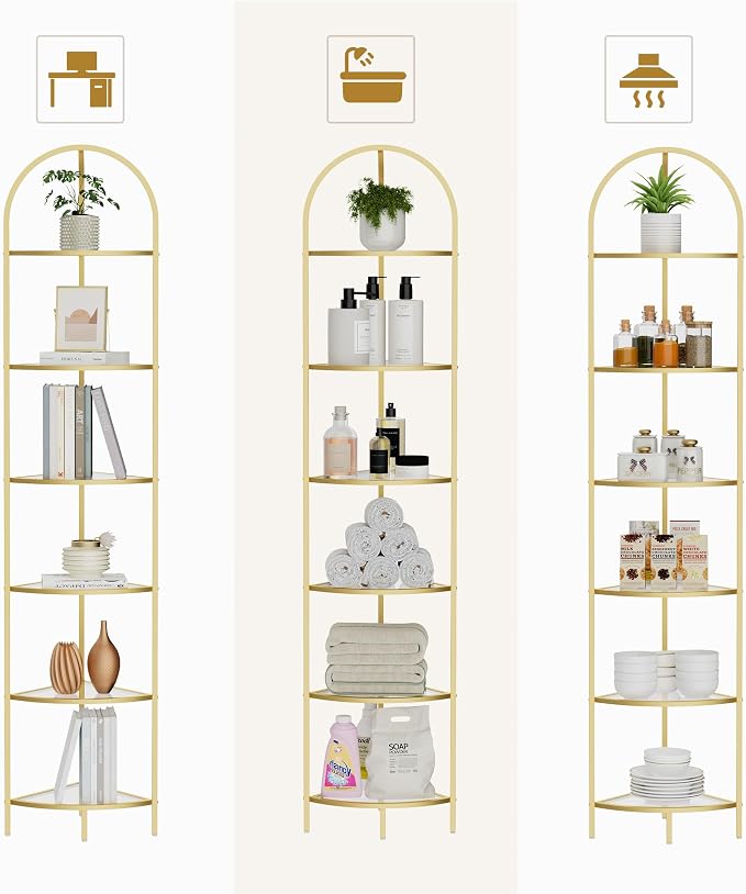 Homhedy 6-Tier Corner Shelf Stand, Metal Corner Bookshelf, Tempered Glass - Image 3