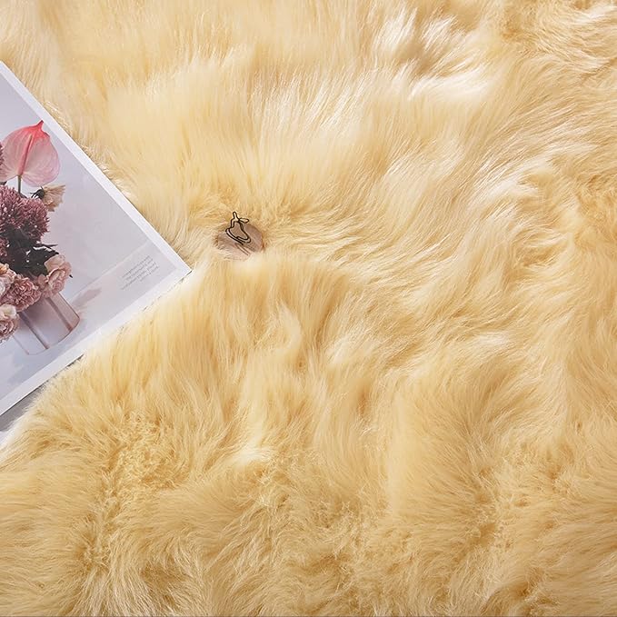 Latepis Yellow Circle Rug Faux Sheepskin Fur Round Rugs 4ft Washable Cute Plush - Image 7