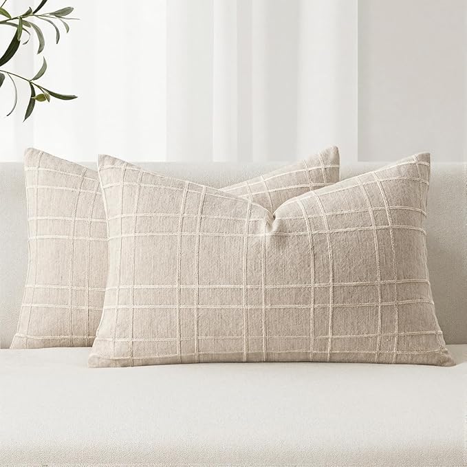 MIULEE Decorative Linen Check Lumar Throw Pillow Covers Neutral Farmhouse by MIULEE