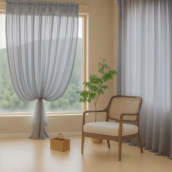 Grey Sheer Curtains 90 Inches Long 2 Panels, Light Filtering Solid Sheer - Image 8