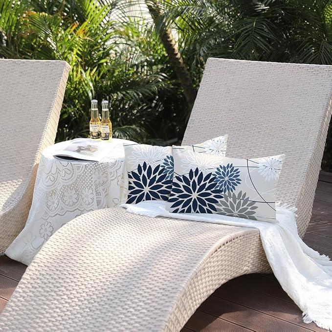 Blue and Gray Floral Pillow Covers 12x20 Set of 2 Outdoor Waterproof White - Image 3