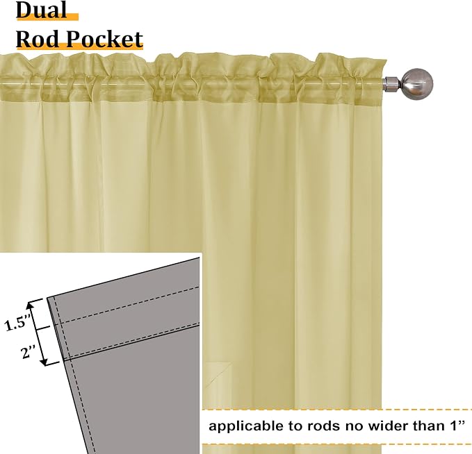 Aiyufeng Yellow Sheer Curtains 72 Inches Long 2 Panels Set, Semi Transparent - Image 4