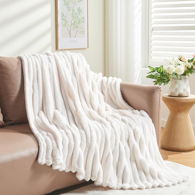 NEWCOSPLAY Super Soft Twin Blanket Ivory Premium Silky Flannel Fleece 3D Ribbed - Image 8