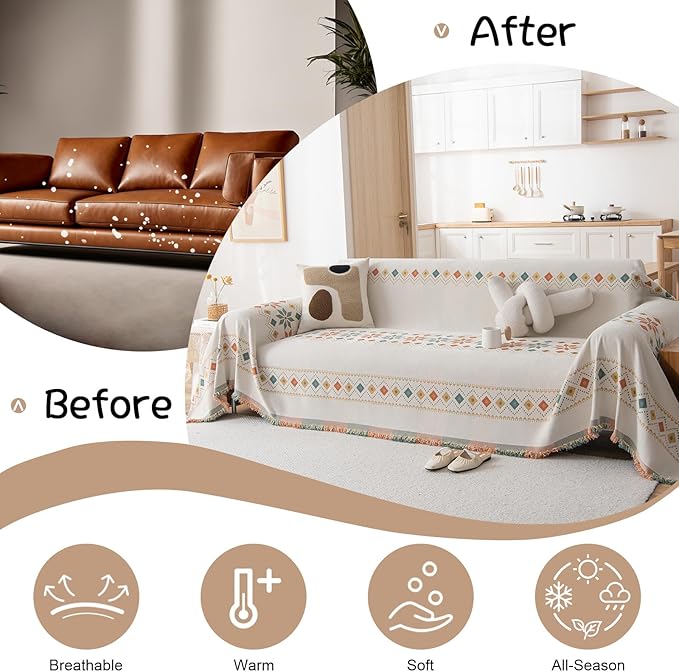 VClife Boho Couch Cover White Geometric Jacquard Sofa Cover 1 Piece Large Couch - Image 4