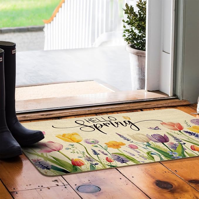 Spring Summer Door Mat, Hello Spring Tulip Lavender Flower Floral Indoor - Image 5