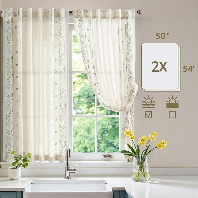 jinchan Winslow Linen Curtains 54 Inch Length Small Window Curtains Embroidered - Image 8