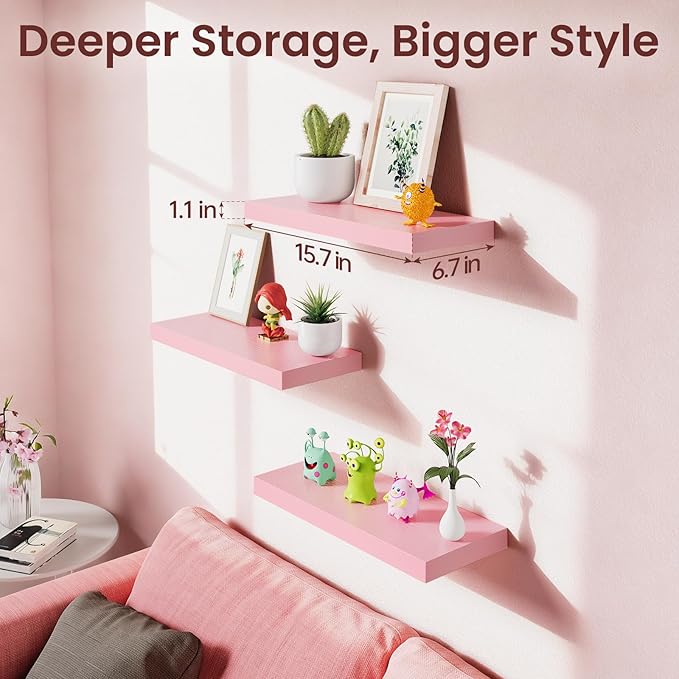 BAYKA Pink Floating Shelves for Wall – 15.7in Wood Wall Shelves for Bathroom - Image 3