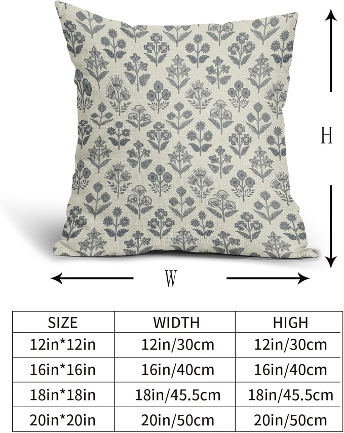 Dusty Blue Floral Pillow Covers 18x18 Inch Set of 2, Vintage Flower Block Print - Image 5