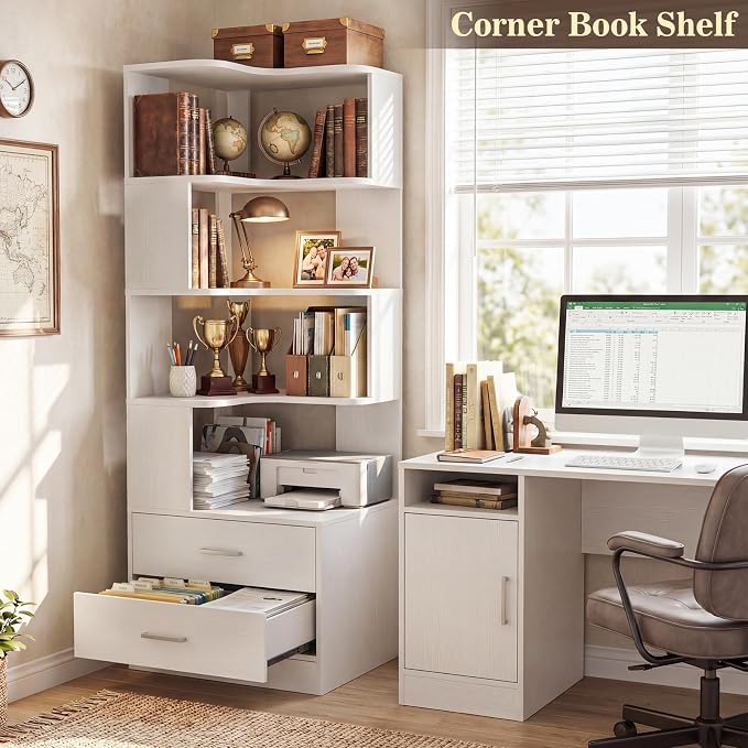 Armocity Corner Bookshelf with Drawers, 7 Tier Corner Book Shelf Display - Image 6