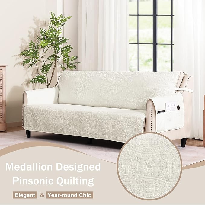 Stay in Place Ivory White Quilted Loveseat Couch Cover - Image 8