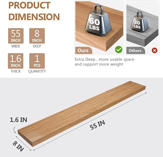 Fun Memories 55 Inch Floating Shelves, USA-Sourced Rustic Elm Wood Floating - Image 3