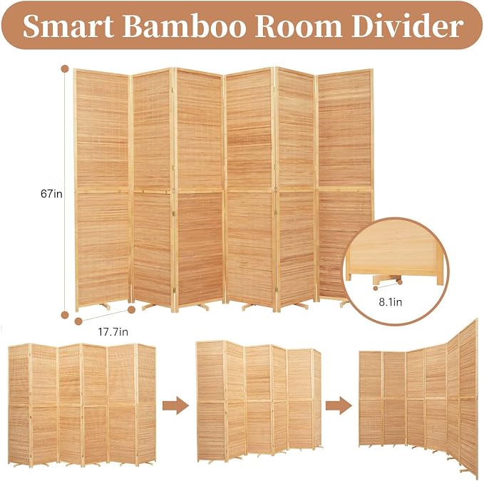 Room Divider Folding Privacy Screens, Hand-Made 67'' High Bamboo Room Dividers - Image 5