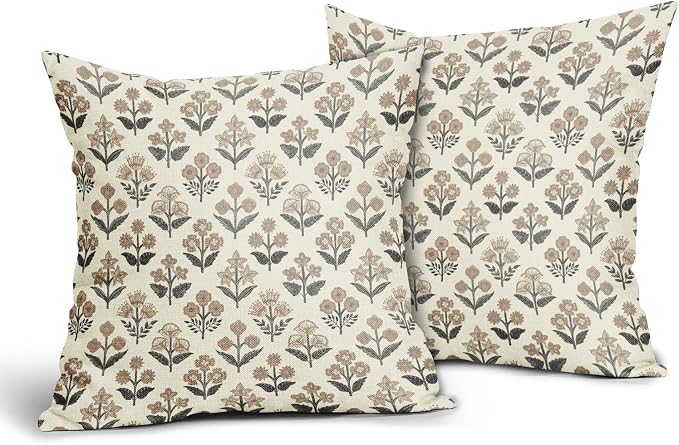 Black Brown Floral Block Print Pillow Covers 20x20 Inch Set of 2, Vintage - Image 2