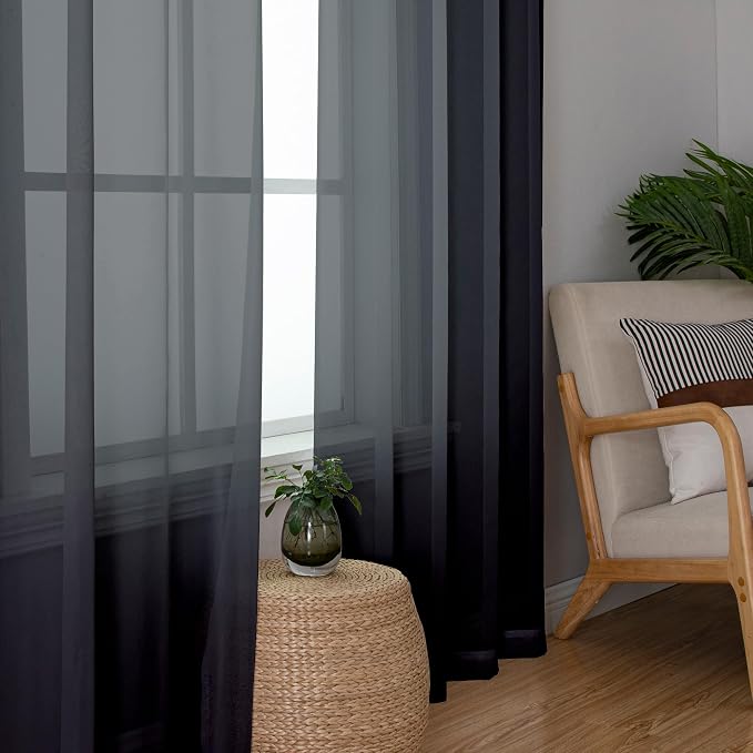 Lecloud Black Sheer Curtains 90 Inches Long 2 Panels Set, Privacy Voile Light - Image 2