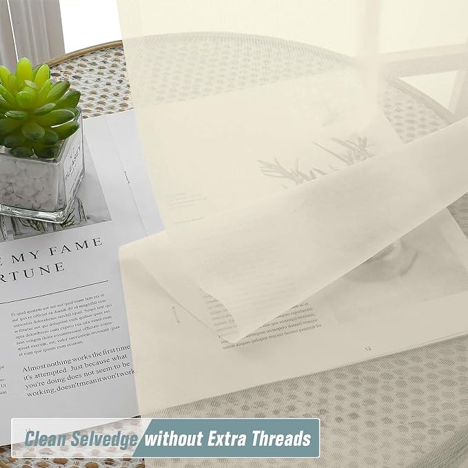 Cream Sheer Curtains for Windows 108 inches Long 2 Panels Set, Soft Lightweight - Image 2