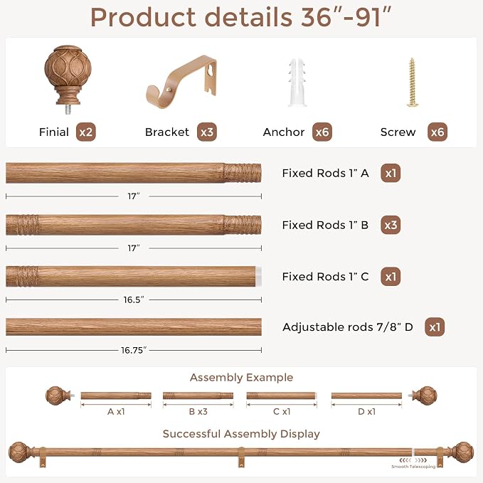 Wood Curtain Rods for Windows 48 to 84 Inch, Boho Vintage Decorative 1 Inch - Image 5