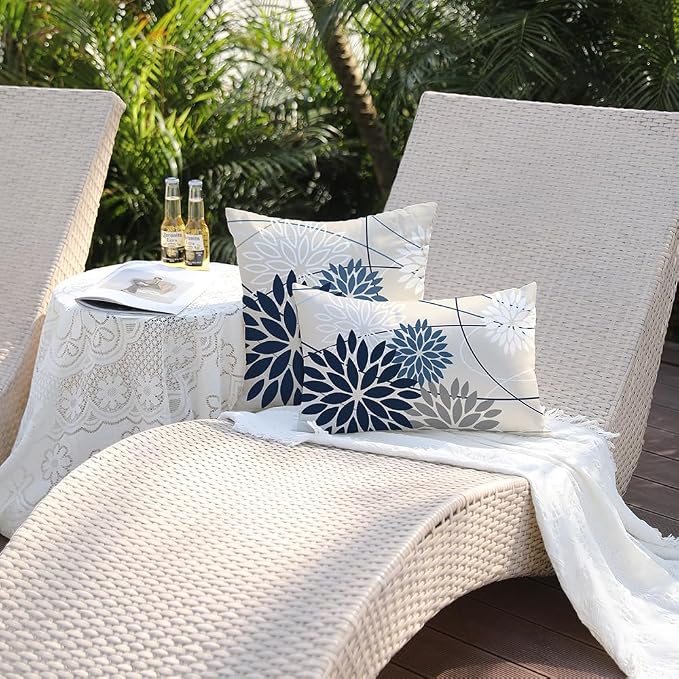 Blue and Gray Floral Pillow Covers 12x20 Set of 2 Outdoor Waterproof White - Image 6