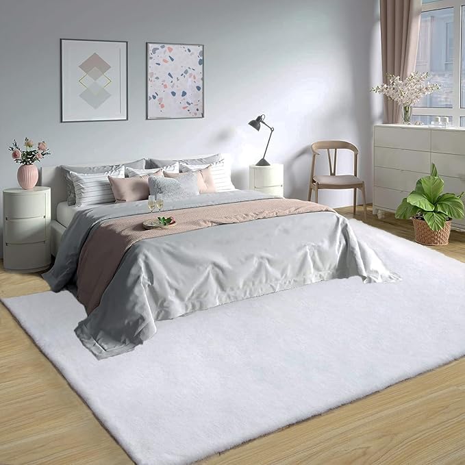 Latepis White Fluffy Rug 8x10 Faux Rabbit Fur Area Rugs - Image 2