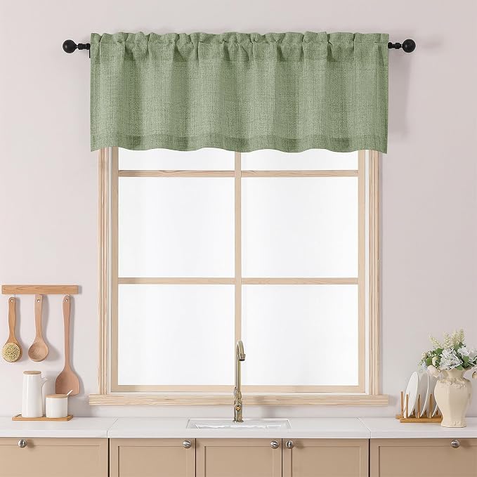 Chyhomenyc Green Valance for Windows, Light Filtering Faux Linen Slub Textured by Chyhomenyc