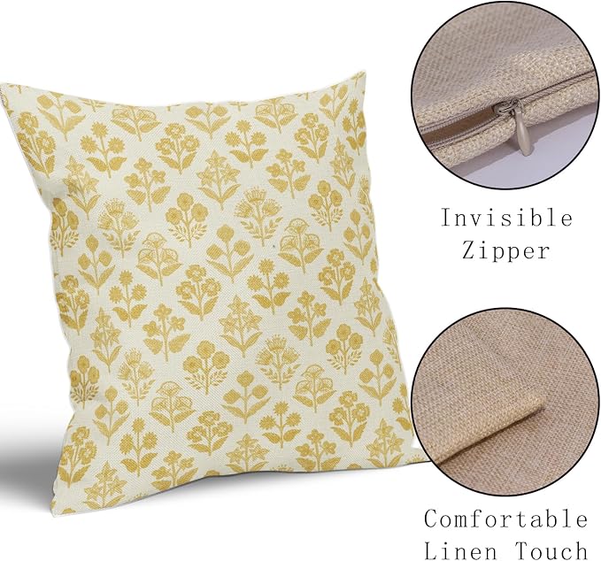 Yellow Floral Pillow Covers 22x22 Inch Set of 2, Vintage Flower Block Print - Image 4