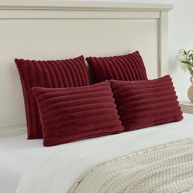 FUTEI Burgundy Decorative Throw Pillow Covers Set of 2, 24x24 Inch Soft Fluffy - Image 5