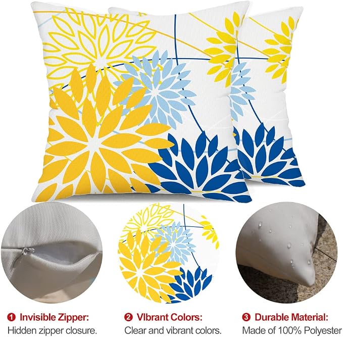 Yellow Blue Outdoor Pillow Cover 20X20 Inch Set of 2 Outdoor Waterproof Summer - Image 6
