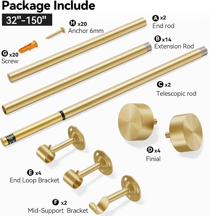 YaFex 2 Pack Heavy Duty Curtain Rods 32-150 Inch, 1 Inch Adjustable Gold - Image 7