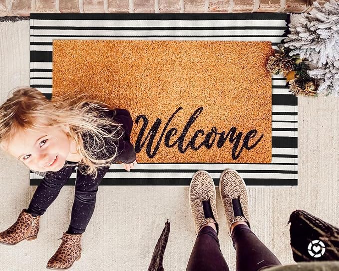 KOZYFLY Black and White Striped Doormat 2x3 Ft Small Area Rug Cotton Front - Image 3
