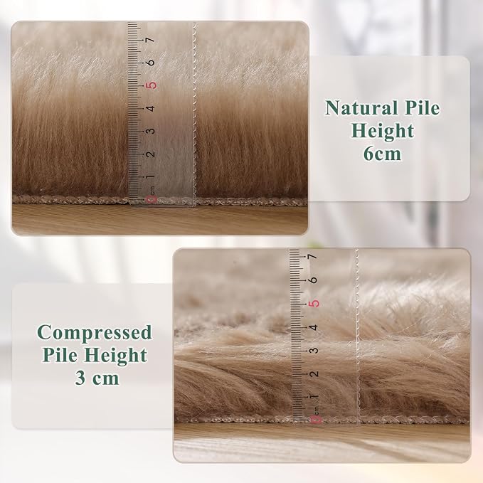 ORINOVA Beige Fuzzy Living Room Washable Area Rug 5ft Round Shag Faux Sheepskin - Image 5