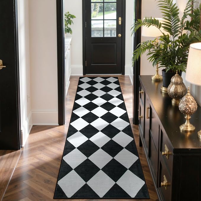 Beeiva Checkered Print Black Bathroom Runner Rug 2x6, Washable Ultra Thin Non - Image 9