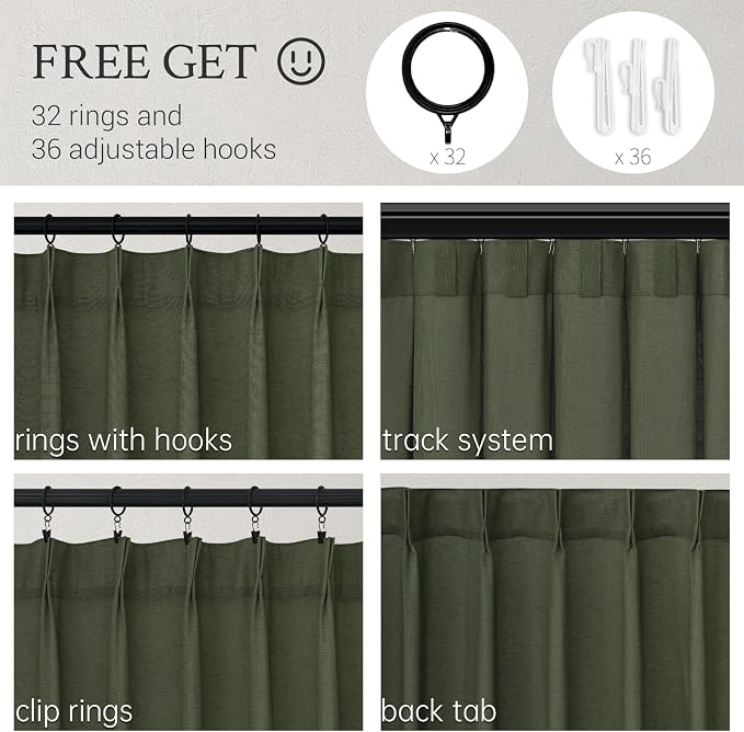 Topfinel Olive Green Pinch Pleated Linen Curtains 84 Inch Length 2 Panels - Image 2